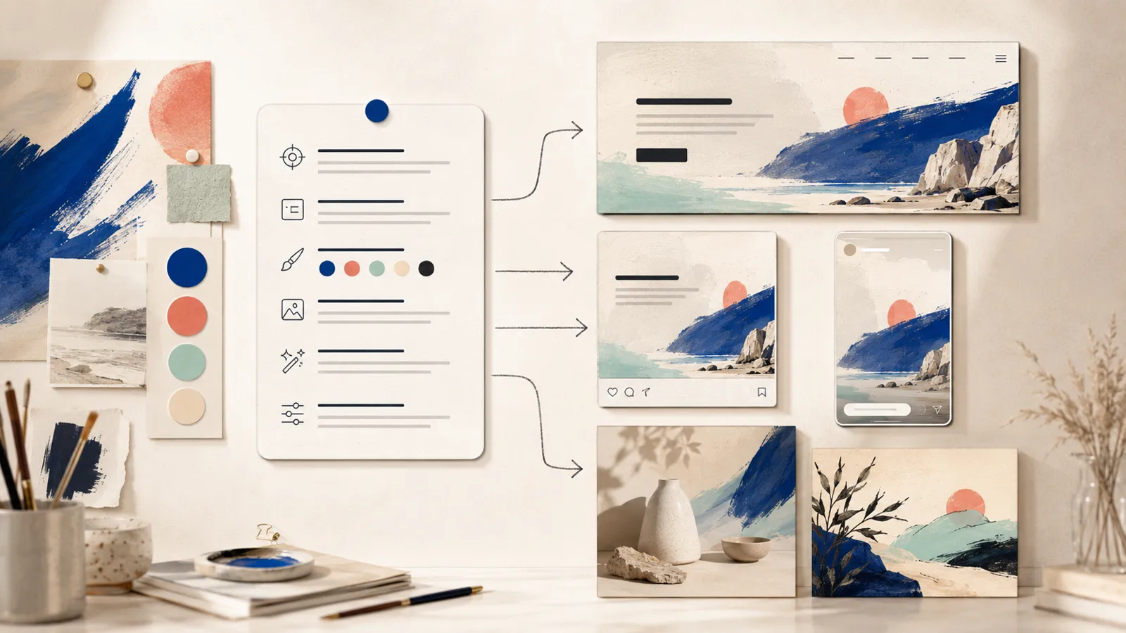 A structured AI image prompt producing a coordinated website hero, social post, vertical story, product scene, and editorial visual.
