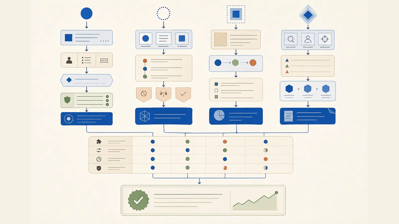 Editorial comparison diagram showing four structured prompting frameworks converging into a verified result.