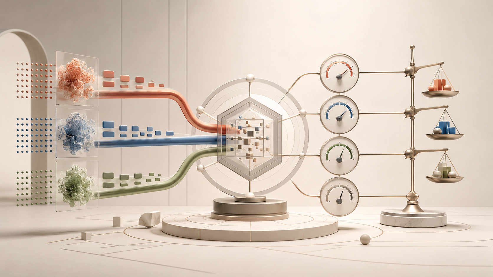 Editorial illustration comparing three AI pathways through measures of quality, time, context, and cost