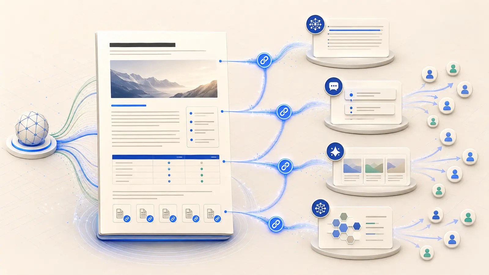 Editorial illustration of a structured web article earning citations and referral traffic from several AI search experiences